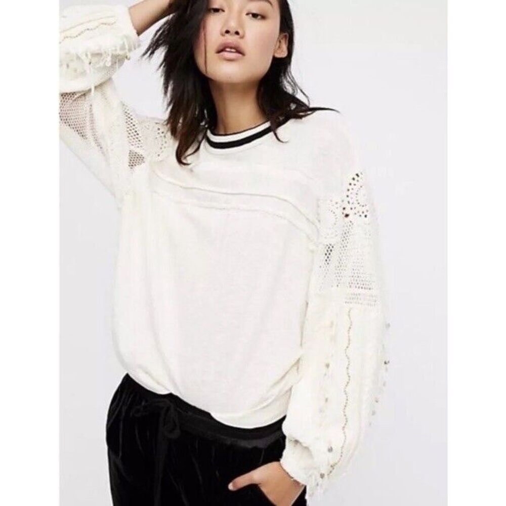 NWT‎ FREE PEOPLE Marakesh Embellished Sleeves Top Sz S $128 MSRP Ivory